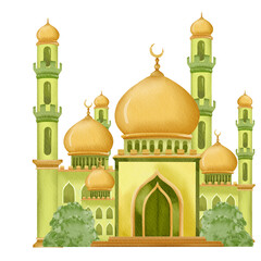 Watercolor Painting of Green Mosque with Minarets 