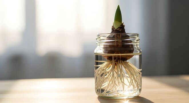 A vibrant green sprout emerges from a healthy sprouting bulb in a sunlit glass jar, symbolizing natural growth and new beginnings concept
