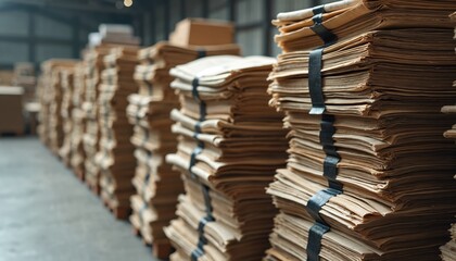 Fototapeta premium Stacks of old newspapers fill a warehouse floor. Large piles of paper waste are prepared for recycling. Material is compressed and bundled for reuse in manufacturing.