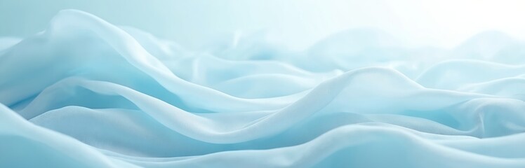 Fototapeta premium Abstract soft blue fabric folds creating serene wavy texture. Light airy material forms delicate pleats and smooth curves, suggesting luxury and calm. Gentle light highlights flowing textile.