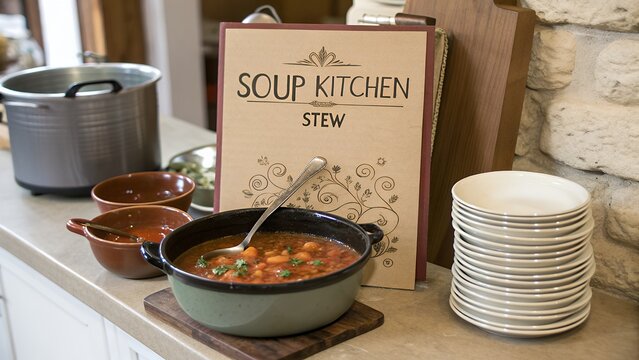 Soup kitchen menu displays stew with serving bowl and ladle