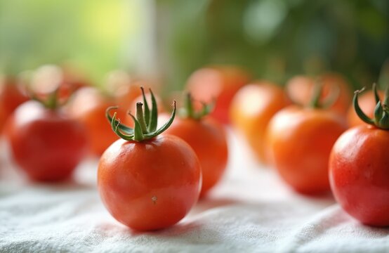 Small red pitanga fruits are arranged on a white cloth with green bokeh background. They look fresh and juicy, ready for eating or cooking. Healthy organic harvest.