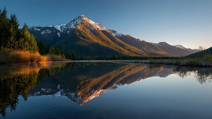Majestic snowcapped mountain peak reflects perfectly in a calm alpine lake at sunrise