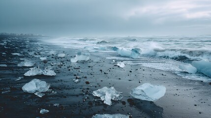 Chunks of translucent ice wash ashore onto a dark, rugged coastline under a gloomy sky