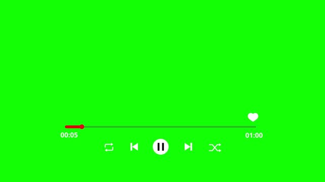 Music player with play bar animation and progress bar overlay on green screen video 4K