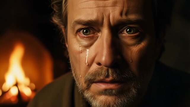 Peter's profound shame illuminated by a crackling fire, tears welling in his horrified eyes just as the distant sound of a rooster crows, capturing the exact moment of  heartbreaking denial 