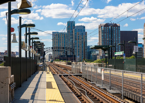 Elevated MBTA Green Line Train Station with Boston Skyline, Massachusetts