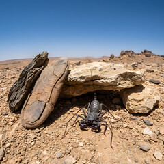Wide-angle view of a vinegaroon emerging from shade beneath stacked rocks