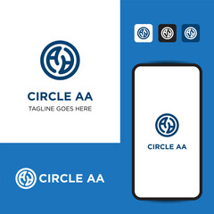 CIRCLE AA INITIAL LOGO TYPE FOR BRAND IDENTITY WITH BLUE COLOR AND APP TEMPLATE