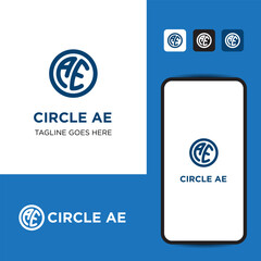 CIRCLE AE INITIAL LOGO TYPE FOR BRAND IDENTITY WITH BLUE COLOR AND APP TEMPLATE