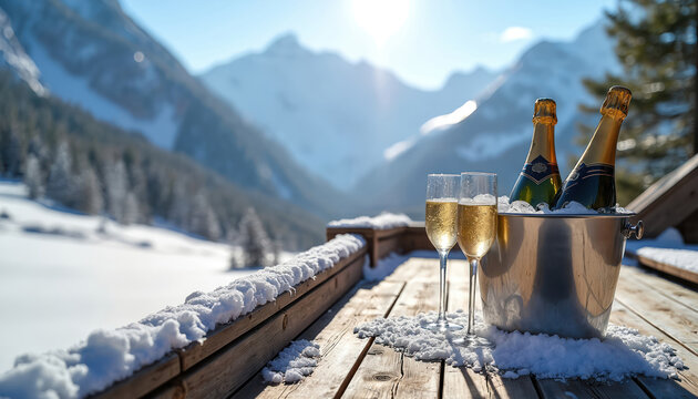 Champagne glasses on a snowy wooden deck with champagne bottles in ice bucket. Snowy mountains and bright sun create winter scenery. Romantic, luxury vacation at ski resort.