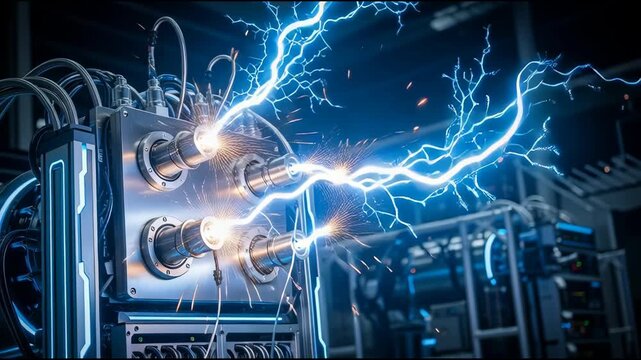 Electrical equipment generating energy with bright blue lightning