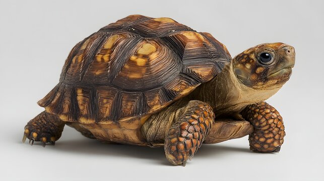Terrestrial reptile with patterned shell stands poised against a light backdrop