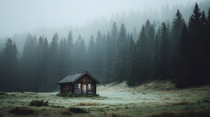 Remote wooden dwelling sits solitary in a misty clearing surrounded by dense evergreen forest