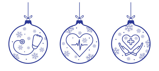Editable stroke medical science christmas decoration. Medical care icon line art christmas balls with snowflake, heart, electrocardiogram, stethoscope. Medical christmas creative icons.