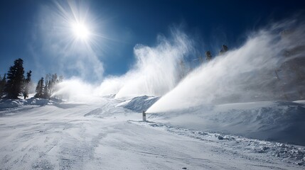 Bright sun shines over mountainside while snowmaking machines generate white plumes on ski slope
