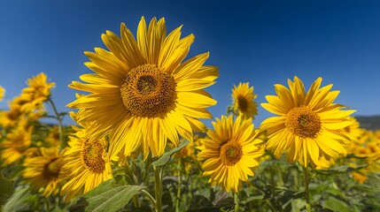 Obraz premium Numerous bright yellow sunflowers bloom vibrantly under a clear deep blue sky