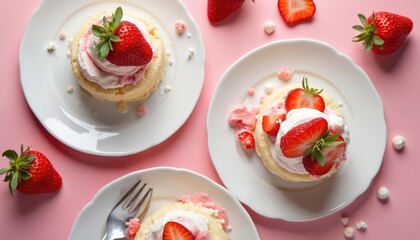 Sweet strawberry shortcake dessert topped with fresh fruit and cream served on white plates. Three mini cakes arranged on pink background, ready for enjoyment.