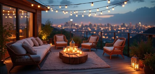 Fototapeta premium Cozy terrace with string lights overlooks city at dusk. Outdoor furniture, sofa, chairs, and table with candles create inviting ambiance. Relaxing evening view from rooftop.