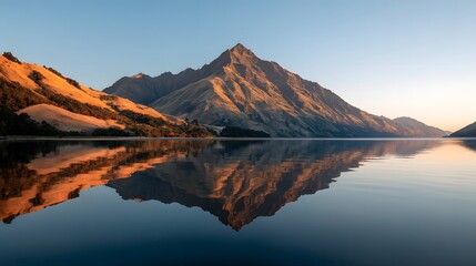 Dramatic mountain peak reflects perfectly in the calm water surface during sunrise