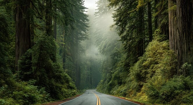 The Journey: Scenic Road Through Redwood National Park with Misty Forest and Enchanting Botanical Beauty