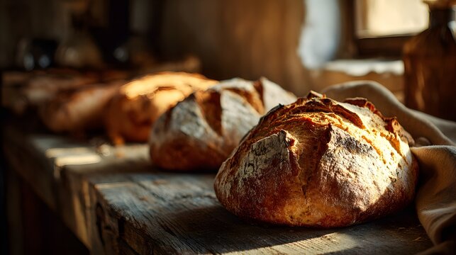 Several rustic loaves of freshly baked bread rest upon an aged wooden surface illuminated by warm sunlight
