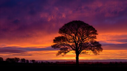 Obraz premium Striking tree silhouette dominates a vibrant, dramatic horizon during twilight hours