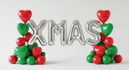Silver metallic foil balloons spelling the word XMAS