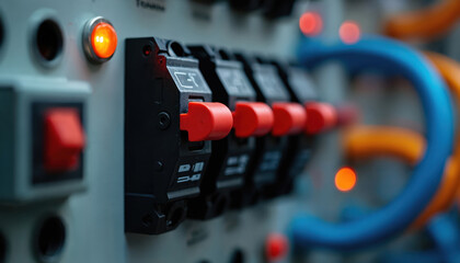 Close up of electrical panel with circuit breakers and red lights. Orange and blue wires connect to the system. Control switches are visible on the gray metal.