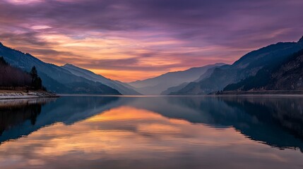 Majestic layered mountain range reflects upon calm water during vibrant twilight