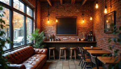 Warmly lit coffee shop with brick walls and leather couches. Wooden tables and chairs await customers near large windows. An inviting atmosphere perfect for relaxation and conversation.