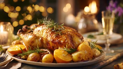 Golden roasted poultry garnished with citrus and herbs rests on a festive dining table with warm background lighting