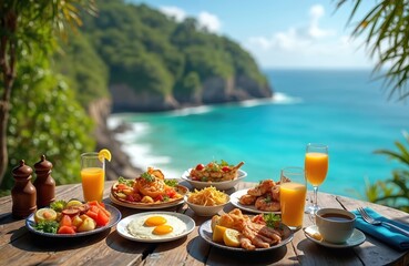 Naklejka premium Table with assorted breakfast dishes, orange juice set against backdrop of tropical ocean cliffside view. Fresh fruit, eggs, fried seafood, pasta arranged on wooden planks. Scene evokes relaxation,