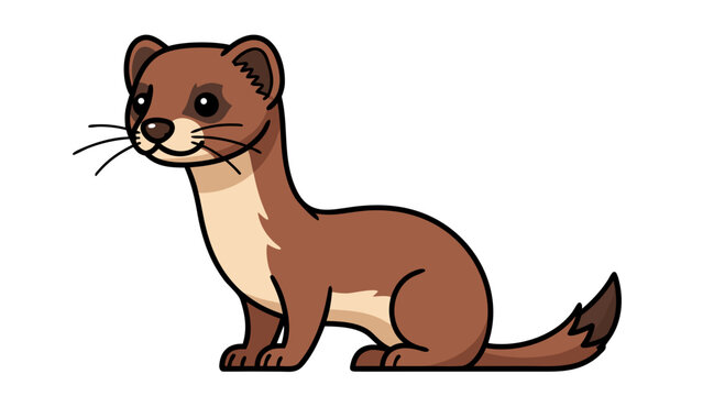 Brown Weasel With White Underside Sitting With Tail Curled And Black Background Studio Shot