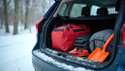 Naklejka premium Car trunk packed with winter emergency kit shovel, blankets, jumper cables. Snowy forest road backdrop. Vehicle ready for cold weather travel and safety. Prepare for winter driving.