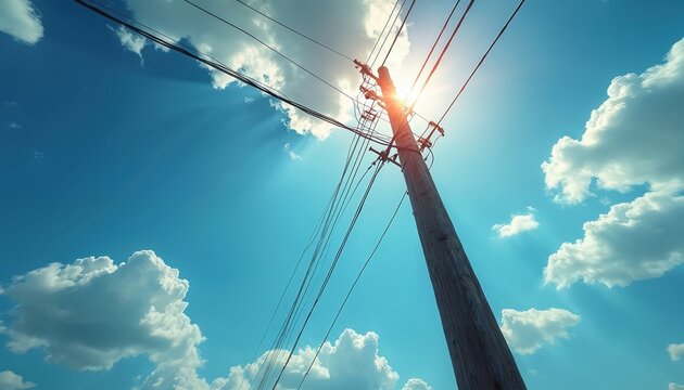 Wooden electric pillar against blue sky. Sun beams through clouds on bright summer day. Overhead power lines supply electricity. Utility pole transfers electric energy across landscape at sunny time.