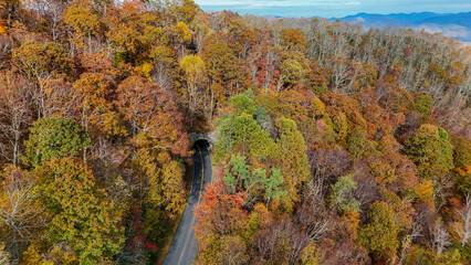 Aerial view of fall colors in the mountains