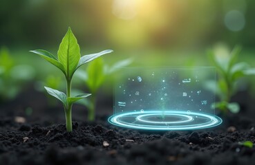 Seedling monitored by digital tech. Young plant growing from soil. Futuristic digital interface analyzes plant health, growth progress. Modern farming technologies used for plant monitoring, crop