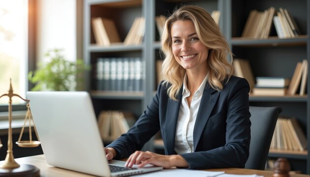 Smiling woman lawyer works on laptop at desk in office. Scales of justice symbol on table. Bookcase with law books in background. Female legal professional using tech.