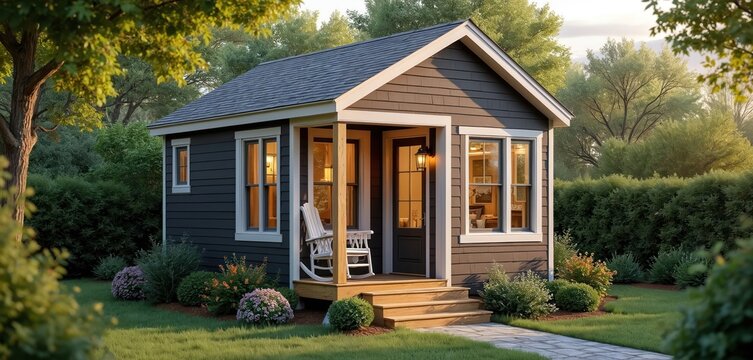 Illustration of a small cozy cottage with inviting porch and rocking chair in garden setting. Tiny home offers a modern minimalist aesthetic. ADU dwelling perfect for in-law unit or small living.
