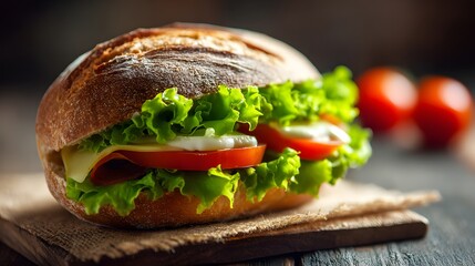 Deliciously prepared savory roll filled with fresh lettuce, tomato, cheese, and meat rests on a wooden surface