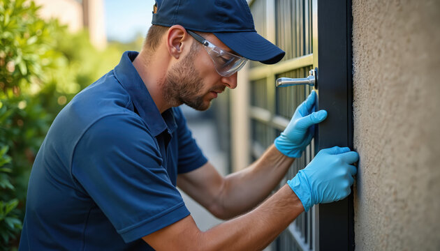 Technician in blue uniform installs gate lock. Man wears protective gear, including gloves and goggles. He works on metal gate, holding tool, ensuring secure access.