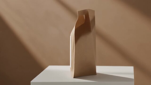 Brown paper bag product packaging mockup on a white stand with natural light and shadow.