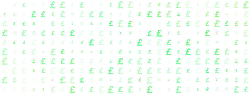 Abstract seamless pattern of glowing green British pound currency signs on a dark digital background representing finance and technology