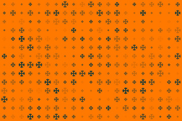Abstract seamless pattern with varying dark and light grey snowflake-like shapes on a vibrant orange background, ideal for winter or holiday designs