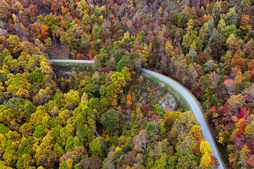 Aerial view of fall colors in the mountains