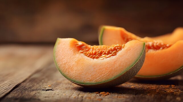 Slices of ripe netted melon rest upon a rustic wooden surface with a shallow depth of field