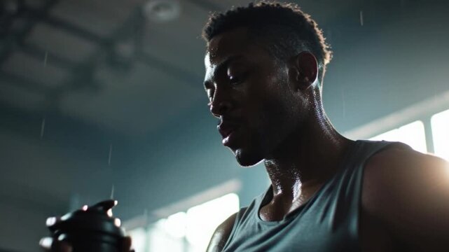 Muscular man hydrating after exercise in a sunlit fitness environment