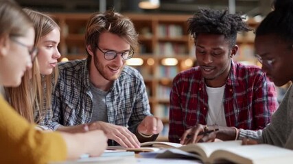 A group of students studying together at a library table with books. - Powered by Adobe