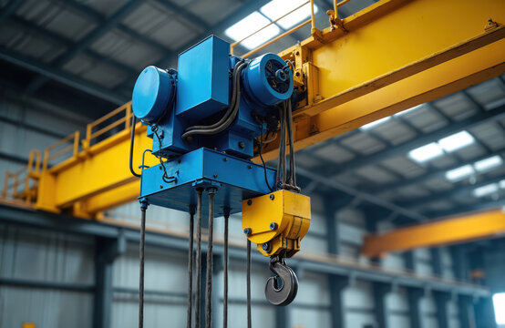 Industrial overhead crane with steel hook and slings hangs in factory shop. Yellow and blue heavy machinery lifts loads in manufacturing plant. Warehouse equipment moves cargo.